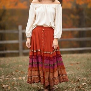 Paul Ropp Bohemian Red‎ and Orange Button-Down Skirt Size XS